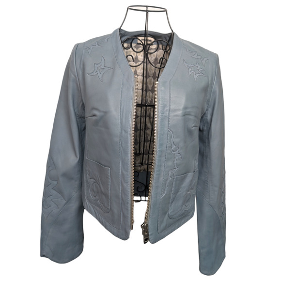 Zadig & Voltaire Vencia Patch Cloud Blue Lamb Leather Western Cropped Jacket XS - Picture 15 of 15